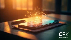 Um smartphone repousa sobre uma mesa, exibindo gráficos de rede digital brilhantes acima da tela, com uma caneta por perto e a luz quente do sol entrando.