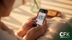 Uma pessoa segura um smartphone enquanto navega em um feed de mídia social, sentada em uma cama com luz solar suave ao fundo. O logotipo CFK Cris Franklin está visível no canto inferior direito.