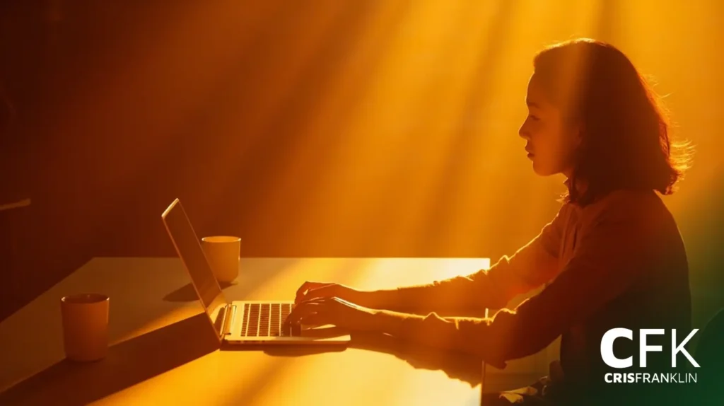 Uma mulher está sentada em uma mesa digitando em um laptop, com uma caneca de café por perto e a luz do sol entrando pela janela atrás dela.