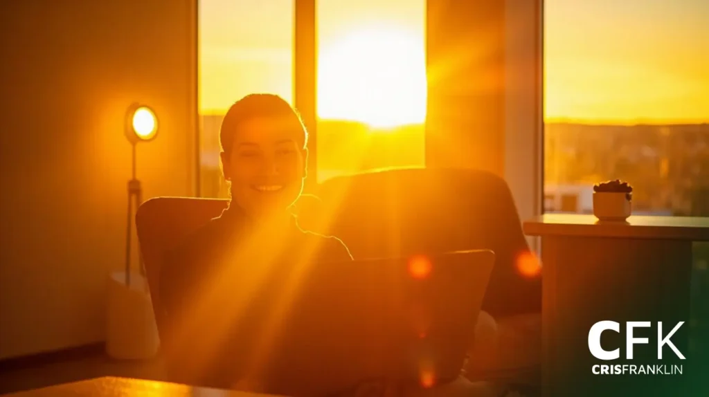 Uma pessoa sentada dentro de casa com um laptop sorri para a câmera enquanto a luz do sol atravessa uma janela ao pôr do sol. O logotipo "CFK CRISFRANKLIN" pode ser visto no canto inferior direito.