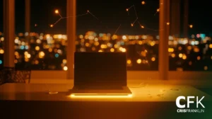 Um laptop em uma mesa com teclas iluminadas, em frente a grandes janelas que mostram uma paisagem urbana borrada à noite. As letras "CFK CRISFRANKLIN" aparecem no canto inferior direito.