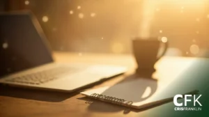 Um laptop, um caderno espiral e uma xícara de café em uma mesa de madeira sob a luz quente do sol, com o logotipo "CFK CRISFRANKLIN" visível no canto inferior direito.