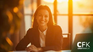 Uma mulher em um terno de negócios senta-se em uma mesa e sorri, com a luz do sol passando por grandes janelas atrás dela. As palavras "CFK CRIS FRANKLIN" aparecem no canto inferior direito.