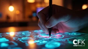 Uma mão usa uma caneta stylus para desenhar em um tablet digital que exibe diagramas técnicos em azul neon e rosa; as letras "CFK" aparecem no canto inferior direito.