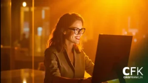 Uma mulher usando óculos sorri enquanto trabalha em um laptop em um escritório com iluminação quente; o logotipo da CFK CrisFranklin aparece no canto inferior direito.